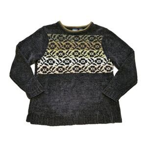 Vtg Erika Floral Chenille Sweater Womens PM Brown Green Retro Bohemian Cottage